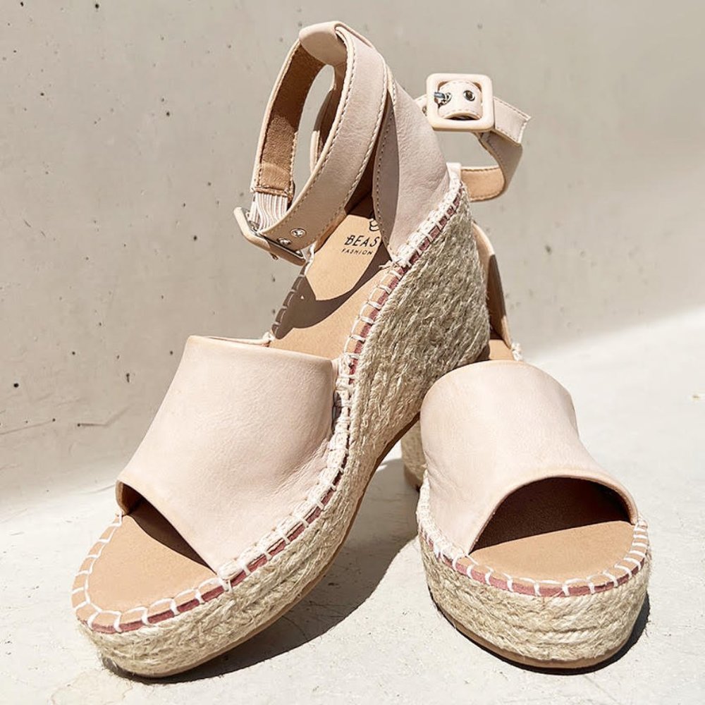 NEW Sand Nude Faux Leather Ankle Buckle Strap Espadrille Platform Wedge Sandals - Picture 3 of 13